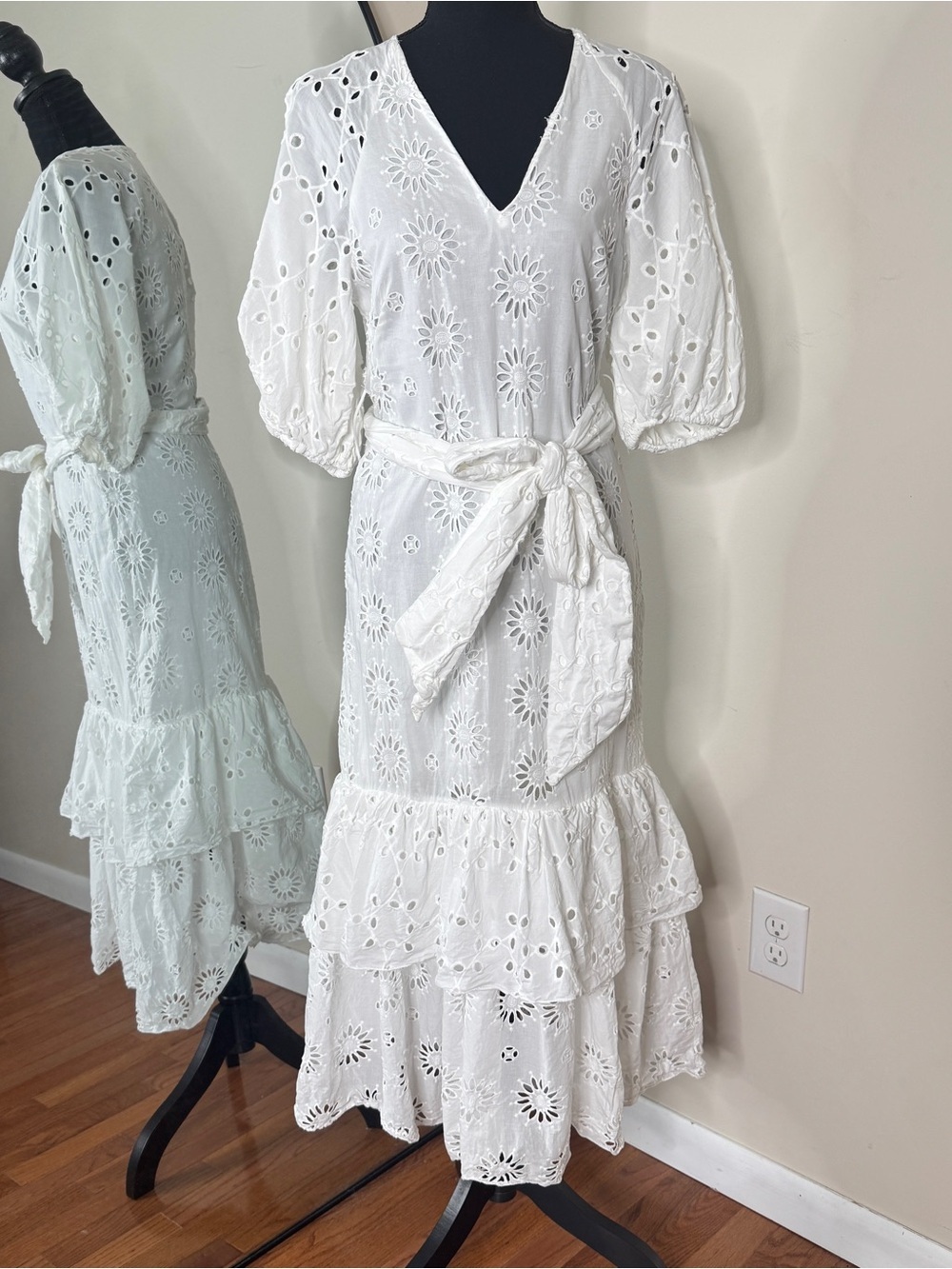 Zara Midi Belted Eyelet Embroidered Dress White Size S